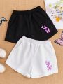 SHEIN Kids EVRYDAY Girls' Knitted Monochrome Butterfly Pattern Loose And Casual Shorts 2pcs/set