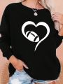 Plus Size Love Heart Rugby Printed Round Neck Sweatshirt