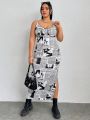 SHEIN Coolane Plus Size Women's Newspaper Print Split Hem Cami Dress