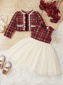 SHEIN Kids FANZEY Little Girls' Woven Plaid Casual Jacket And Sleeveless Dress Set