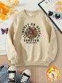 Tween Girls' Fashionable Round Neck Fleece-lined Sweatshirt With Flower And Letter Pattern