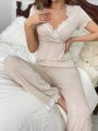 Women's Lace Patchwork Short Sleeve Pants Pajama Set