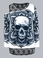 PUNK Plus Skull Print Contrast Lace Asymmetrical Neck 2 in 1 Tee