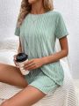 SHEIN LUNE Women'S Solid Color Ribbed Short Sleeve T-Shirt And Shorts Set