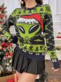 SHEIN Qutie Christmas Pattern Drop Shoulder Sweater