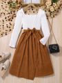 Teenage Girls' Color Block Square Neck Puff Sleeve Belted Bubble Dress