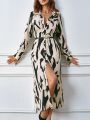 SHEIN LUNE Printed Buttoned Long Sleeve Shirt Style Dress (belt Not Included)