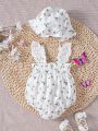 Fresh & Elegant Lace Patchwork Infant Bodysuit And Hat, Perfect For Spring/Summer Holidays