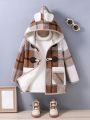 SHEIN Kids QTFun Boys' Plaid Horn Buckle Hooded Jacket With 3d Ears Detail