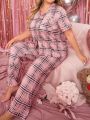 Plus Size Women'S Plaid Short Sleeve Shirt And Long Pants Pajama Set