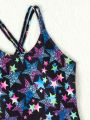One Piece Teenage Girls' Swimsuit With 3d Artistic Star Print, Perfect For Casual Parties