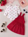 SHEIN Baby Girl Heart Print Ruffle Trim Bodysuit & Overall Dress