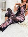 Floral Print Contrast Lace Crisscross Back Mesh Cami Sleep Jumpsuit