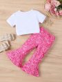 2pcs Baby Girl Valentine's Day Bear, Car Print Short Sleeve T-Shirt And Long Pants Summer Outfit