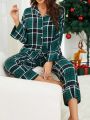 Plaid Print Drop Shoulder Blouse & Pants PJ Set