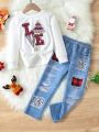 SHEIN Kids HYPEME Young Girl Christmas Print Tee & Ripped Jeans