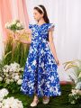 SHEIN Kids Nujoom Girls Floral Print Ruffle Trim Belted Dress