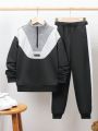 SHEIN Boys' Patchwork Color Block Letter Detail Stand Collar Sweatshirt And Pants Outfit, Youth