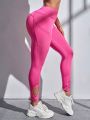 SHEIN Yoga Elegant Cut Out Hem Wide Waistband Sports Leggings With Phone Pocket