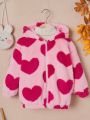 SHEIN Young Girl Heart Pattern Hooded Teddy Jacket Without Sweater