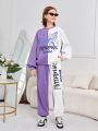 Teen Girl Letter & Butterfly Print Two Tone Drop Shoulder Sweatshirt & Sweatpants