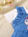 SHEIN Kids QTFun Young Girls' Cute Denim Print Jumpsuit With Short Sleeve T-Shirt Set