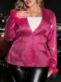SHEIN Frenchy Plus Size Sparkly Fuzzy Cuff Pointed Collar Suit Jacket