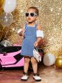 Infant Girls' Off-Shoulder Puff Sleeve Top With Denim Overall Dress Set