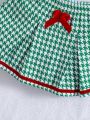 Young Girl Houndstooth Print Bow Front Jacket & Fold Pleated Skirt