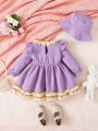 2023 Waffle Lace Flying Sleeves Double Bow Decoration Long Sleeve Double Lace Baby Dress-hat