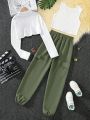 Teen Girls High-Low Hem Long-Sleeved Top Vest And Overalls Three-Piece Set