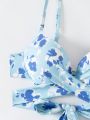 SHEIN Swim Mod Women's Flower Print Swimsuit Set With Matching Skirt
