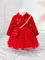 SHEIN Infant Girls' Red Long Sleeve Mesh Splicing Dress With Bag Set