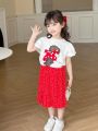 Girls' Cute Printed Short Sleeve T-Shirt And Polka Dot Skirt Set For Toddler Girls