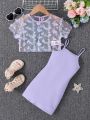 SHEIN Kids EVRYDAY Young Girl 2pcs/Set 3d Floral Mesh Top & Cami Dress