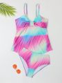 Teenage Girls' Tie-Dye Split Swimsuit, Fashionable Vest Design