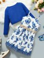 SHEIN Kids CHARMNG Little Girls' Floral Print Spaghetti Strap Dress And Ruffle Hem Jacket Set