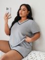 Plus Size Knit Textured Pajama Set With Contrast Trim