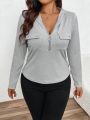 SHEIN LUNE Plus Size Women's Zipper Half Placket Hooded T-shirt