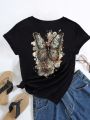 Plus Size Flower & Butterfly Printed T-Shirt