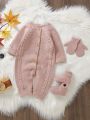 Baby Girl Raglan Sleeve Button Front Cable Knit Jumpsuit & Shoes & Gloves