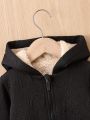 Boys' Babyhood Hooded Buttoned Padded Jacket With Plaid Detail, Winter
