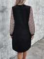 Patchwork Printed Lantern Sleeve Slim Fit Round Neck Dress