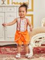 Infant Girls' Geometric Pattern Printed Vest And Belted Shorts Casual Outfits