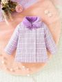 SHEIN Baby Girl Plaid Pattern Borg Collar Bow Front Coat