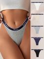 SHEIN 5pcs Women'S Thong Panties With Letter Logo Printed Waistband