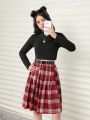 Teen Girl Mock Neck Tee & Plaid Pleated Skirt Without Belt