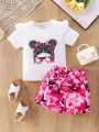 SHEIN Kids HYPEME Toddler Girls' Unicorn Printed Round Neck Short Sleeve T-shirt And Shorts Set