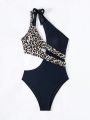 SHEIN Swim Vcay Leopard Print Cutout One Shoulder Swimsuit With Knot Detail