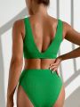 SHEIN Swim Basics Women's Solid Color Ribbed Bandeau Bikini Top And Bikini Bottom Set